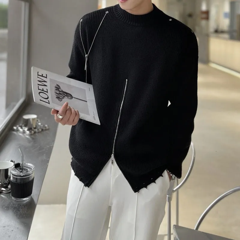 European Style Metal Chain Decoration Thick Needle Pulover Heren Sweater Fall Winter Black White