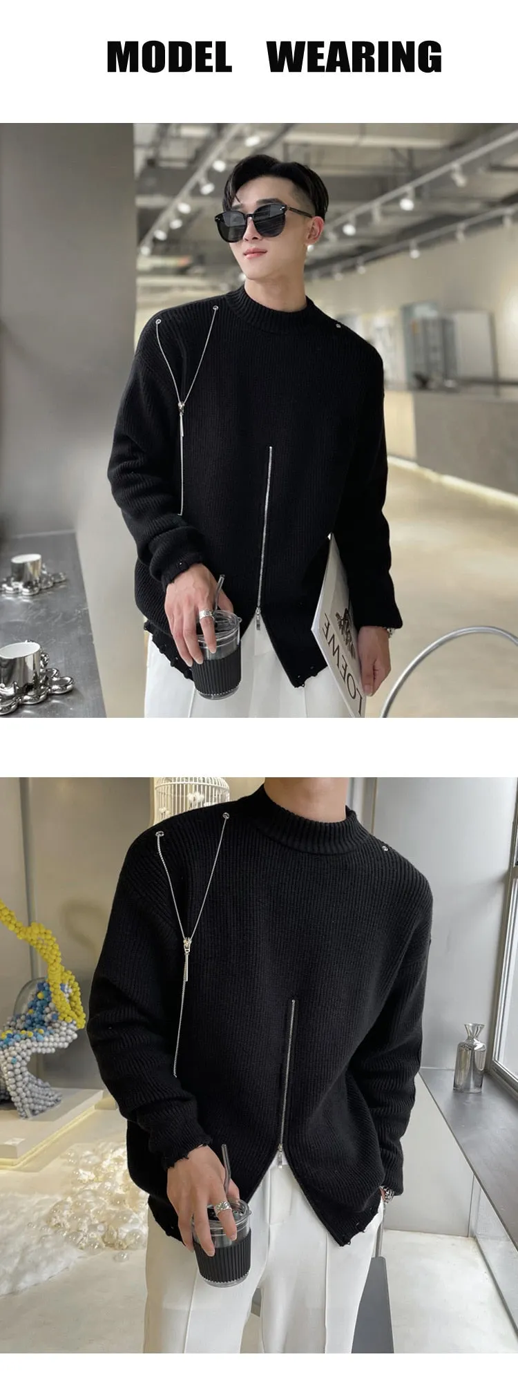 European Style Metal Chain Decoration Thick Needle Pulover Heren Sweater Fall Winter Black White