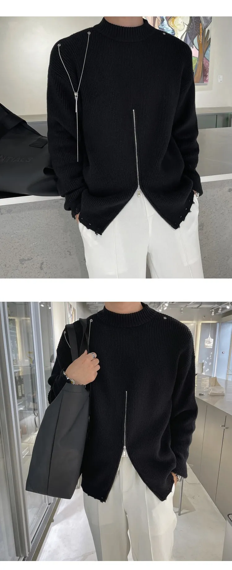 European Style Metal Chain Decoration Thick Needle Pulover Heren Sweater Fall Winter Black White