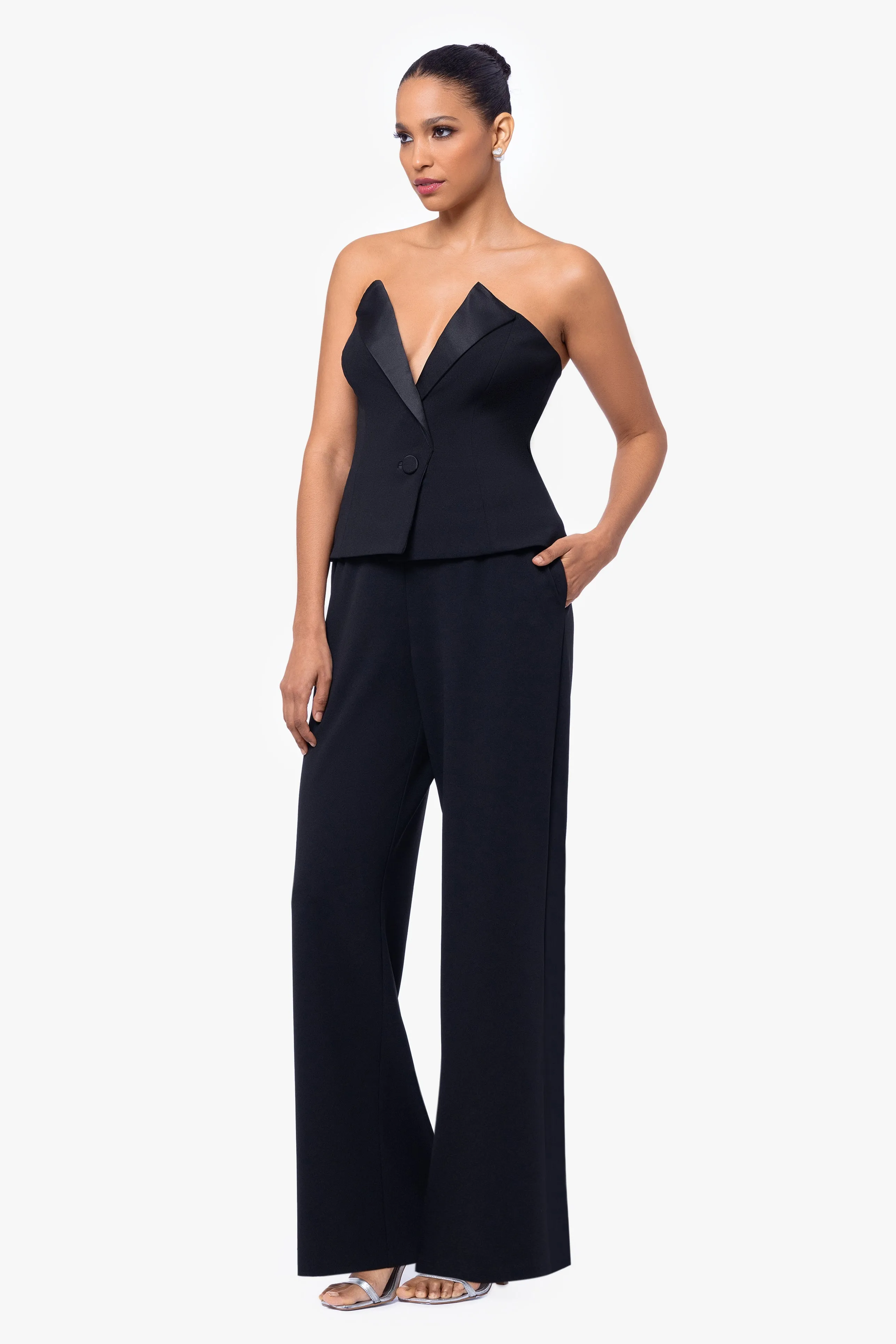 Farrah Deep V-Neck Strapless Scuba Crepe Tuxedo Jumpsuit