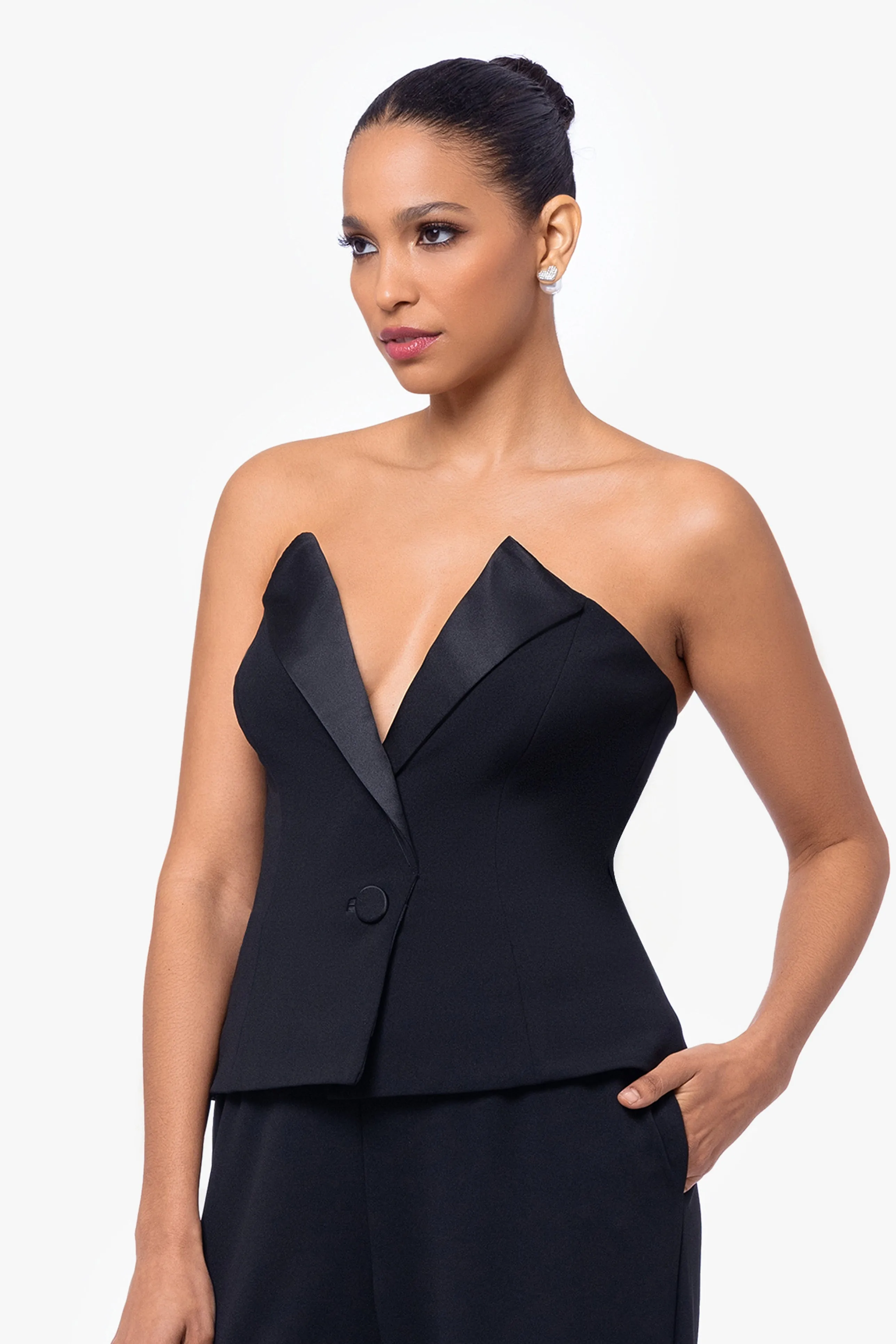 Farrah Deep V-Neck Strapless Scuba Crepe Tuxedo Jumpsuit