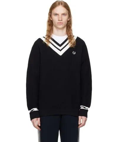 Fred Perry Black Striped Trim V-Neck Sweater