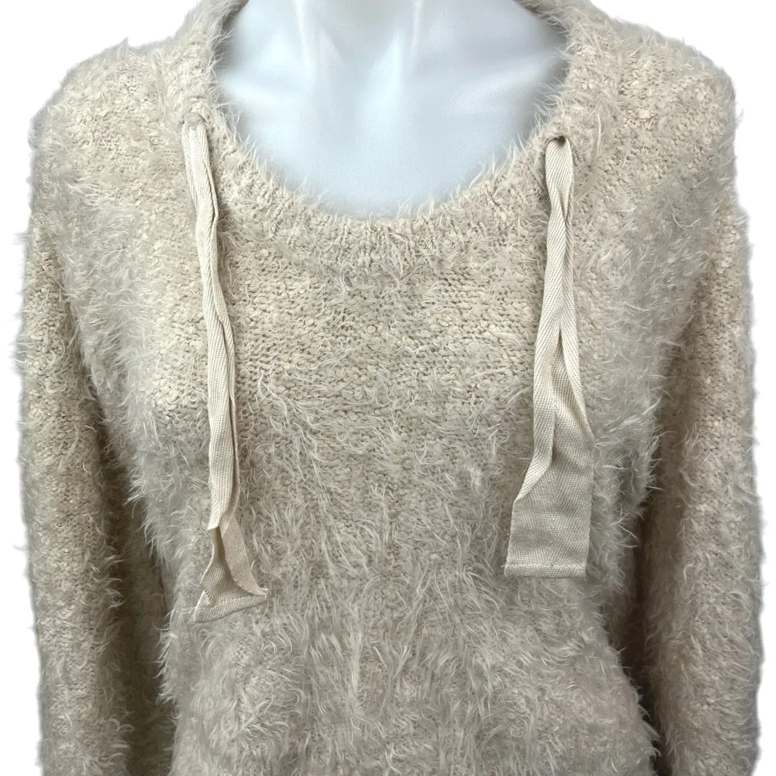 Free People Cream Eyelash Knit Hooded Hoodie Hi Low Pullover Sweater Top Size L