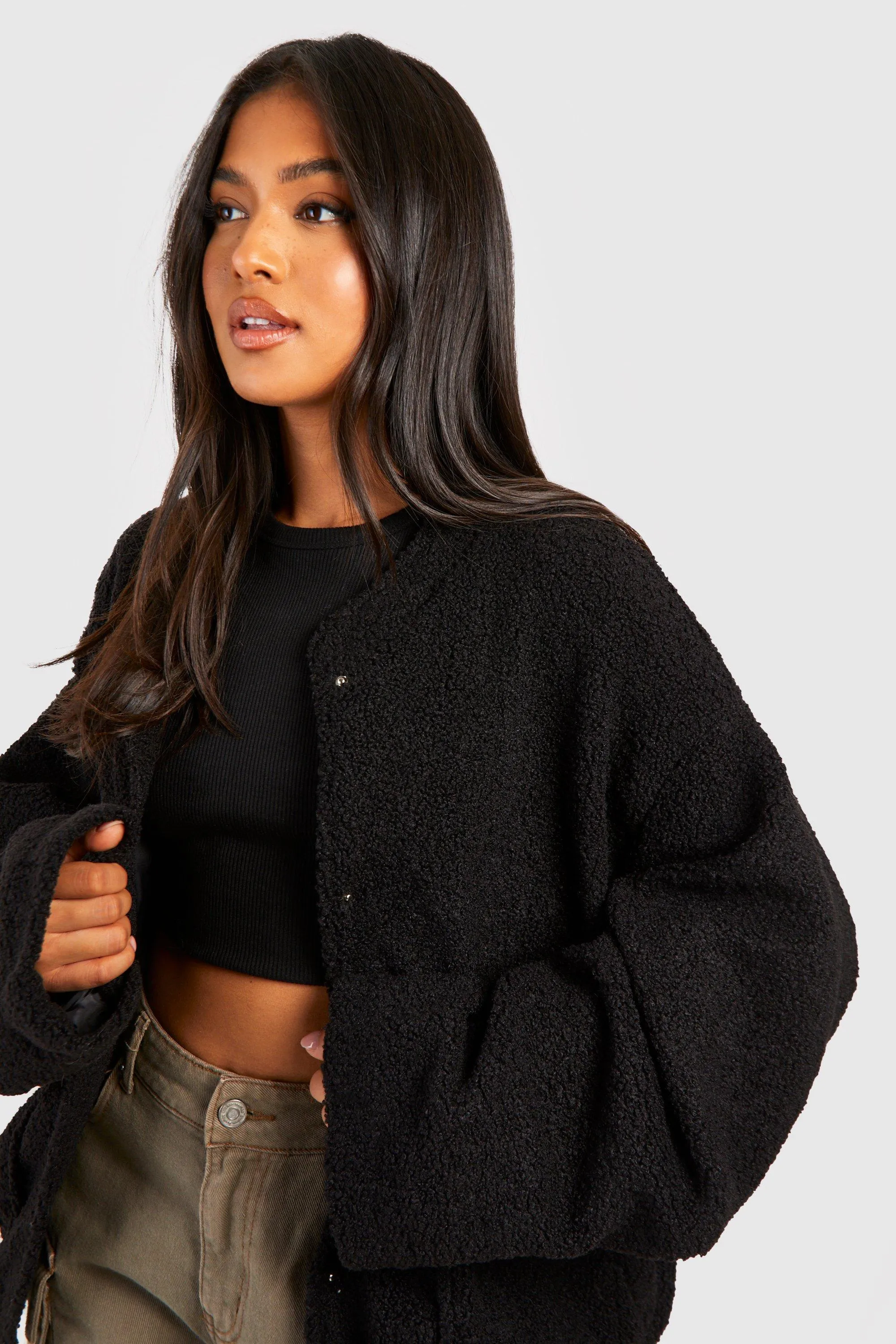 Jackets & Coats | Petite Boucle Bomber Jacket | boohoo