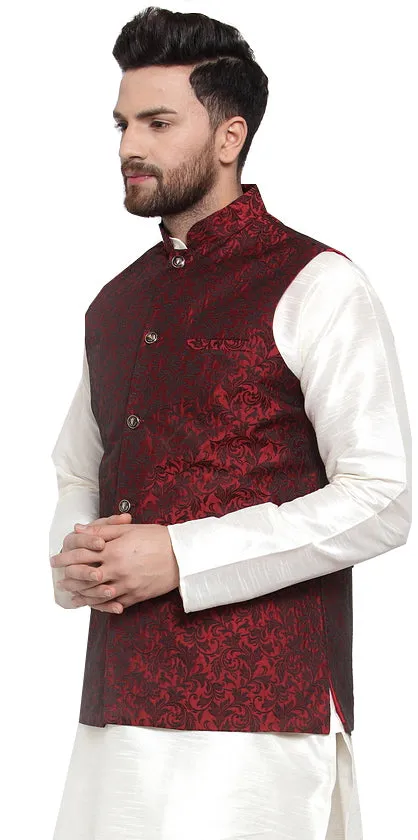 Jacquard Men's Indian Traditional Nehru Jacket Sleeveless (Maroon)