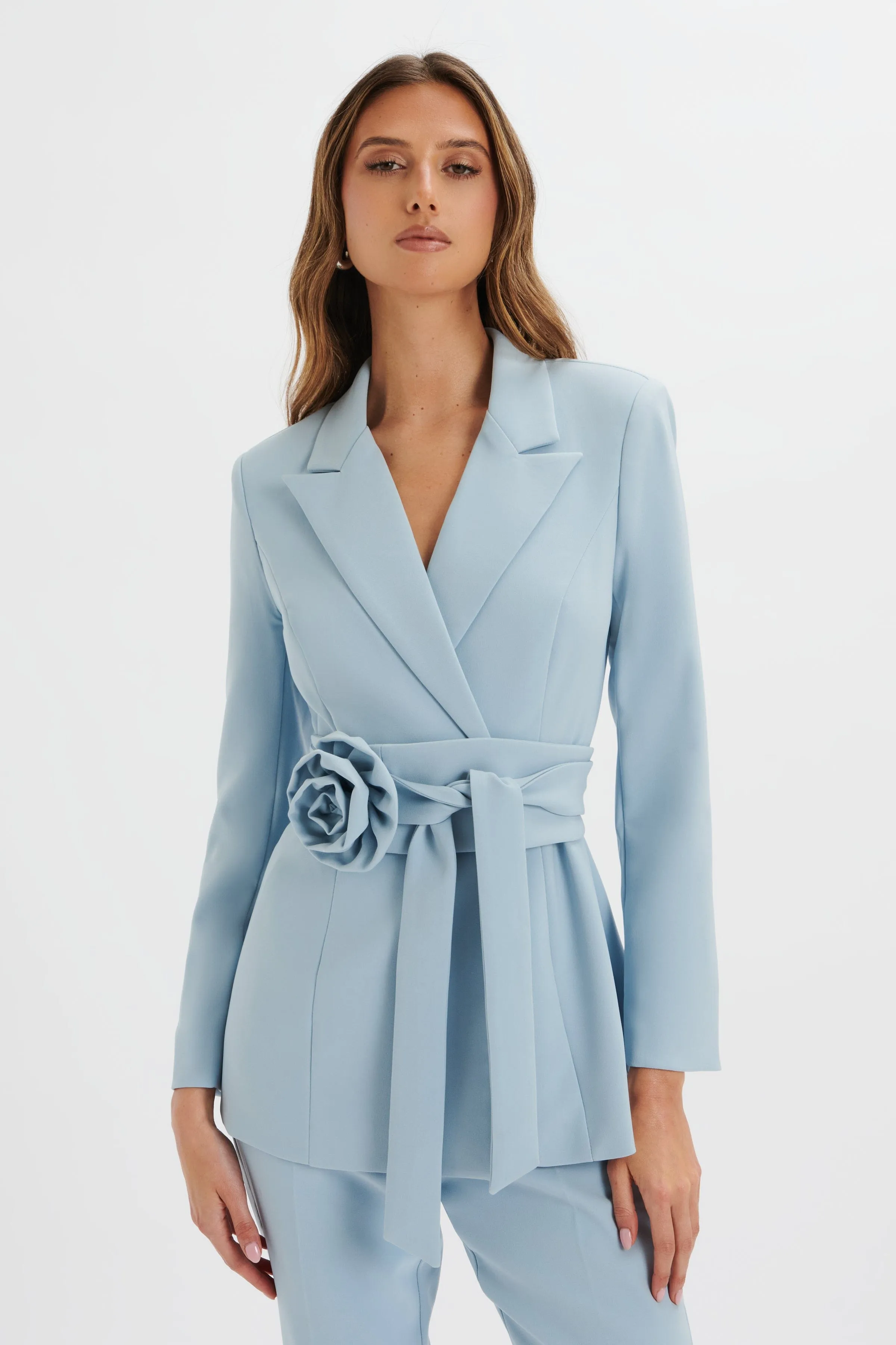 JASMIN Obi Belt Blazer with Flower Detail in Cornflower Blue