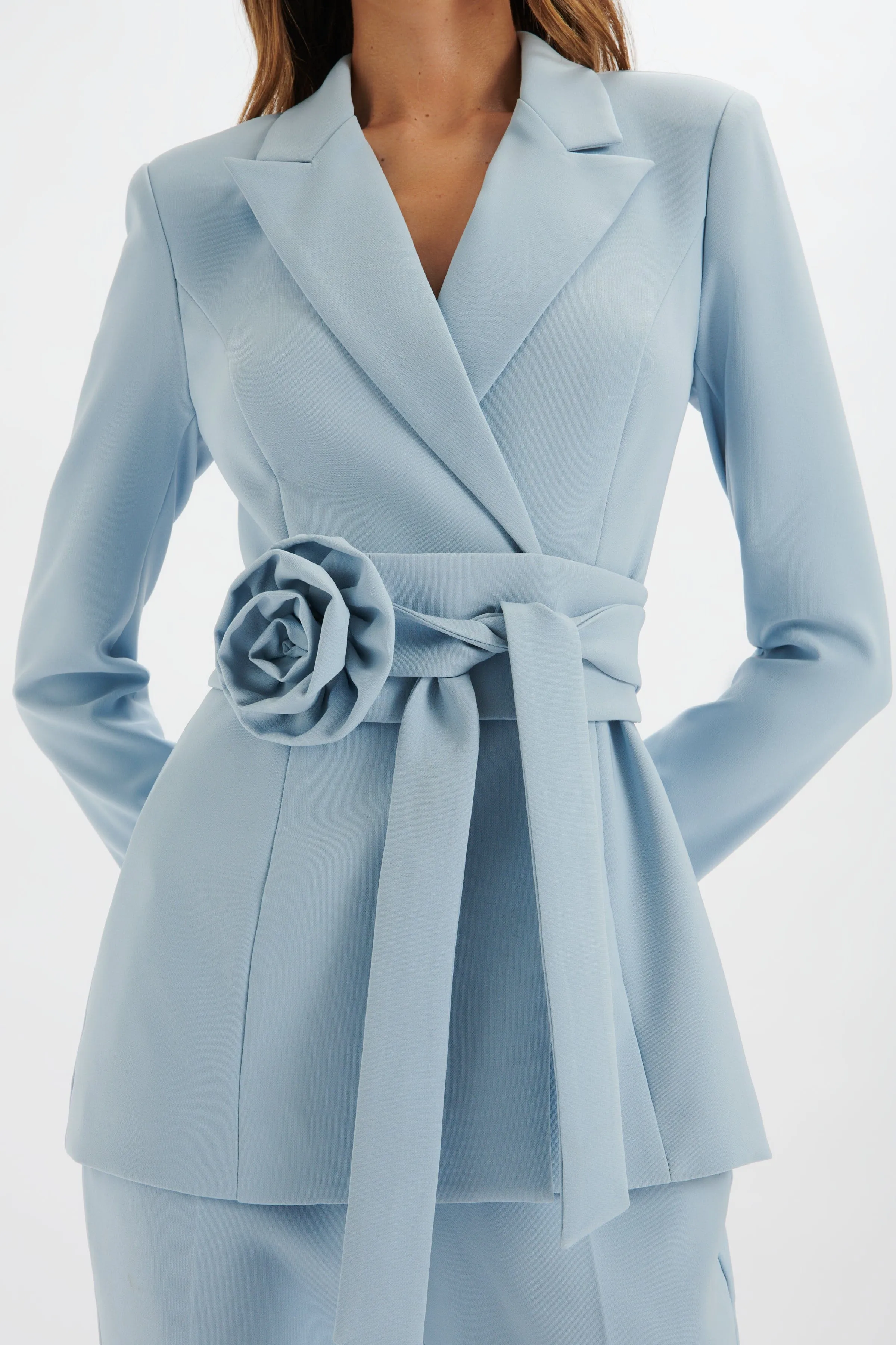 JASMIN Obi Belt Blazer with Flower Detail in Cornflower Blue