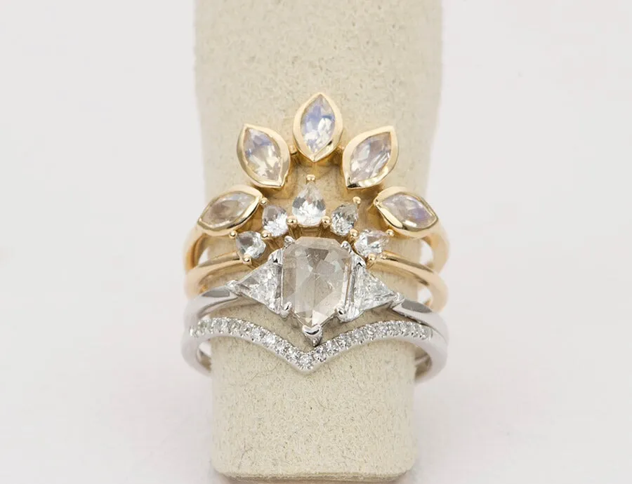 Large Marquise Moonstone Crown Ring 14K Gold Unique Wedding Band AD1512