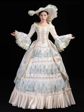 Light Green  Retro Tudor Dress Costumes  Lace Marie Antoinette Costume Polyester Floral Print Hat Women's Euro-Style Tunic Vinta