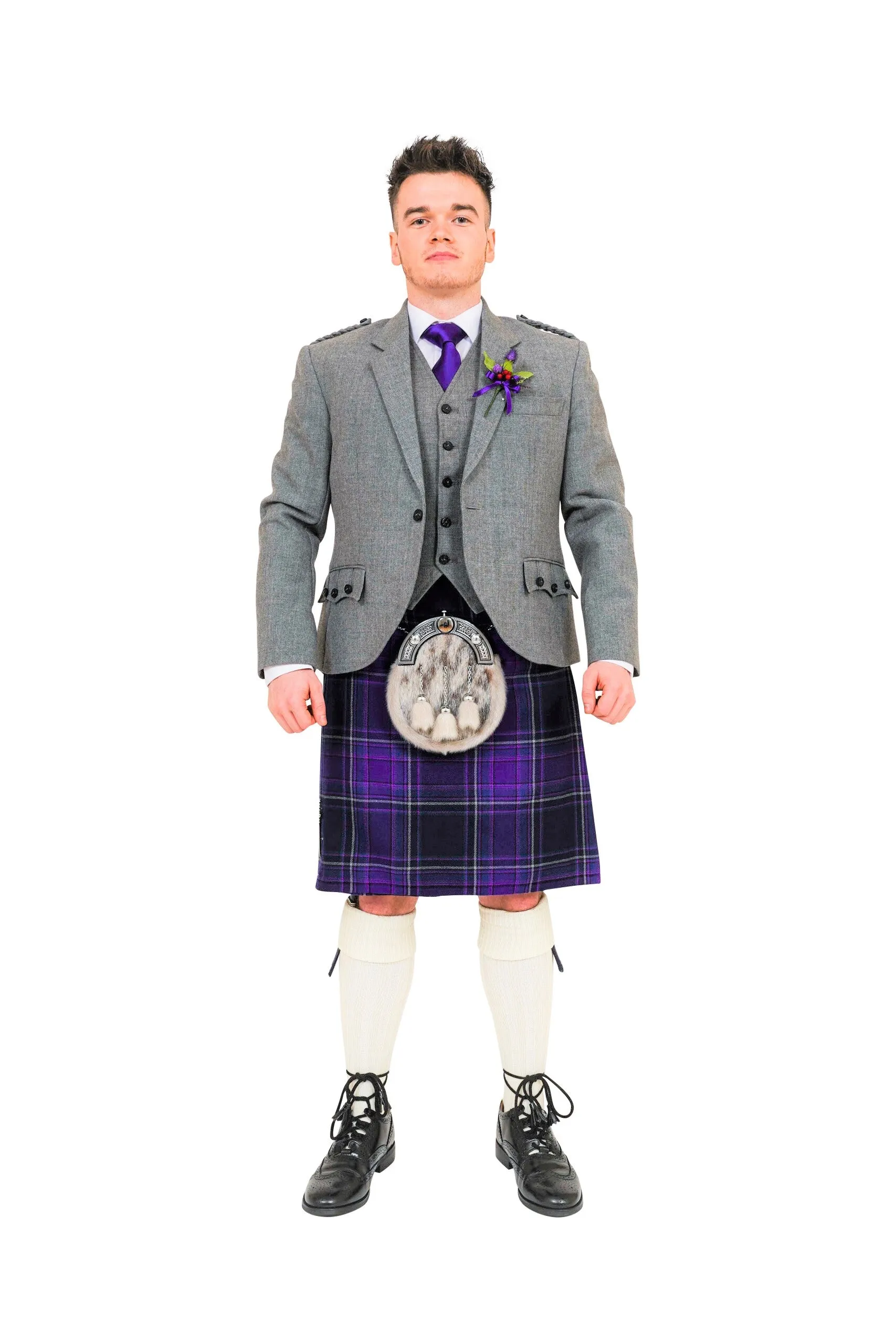 Light grey crail kilt hire outfit