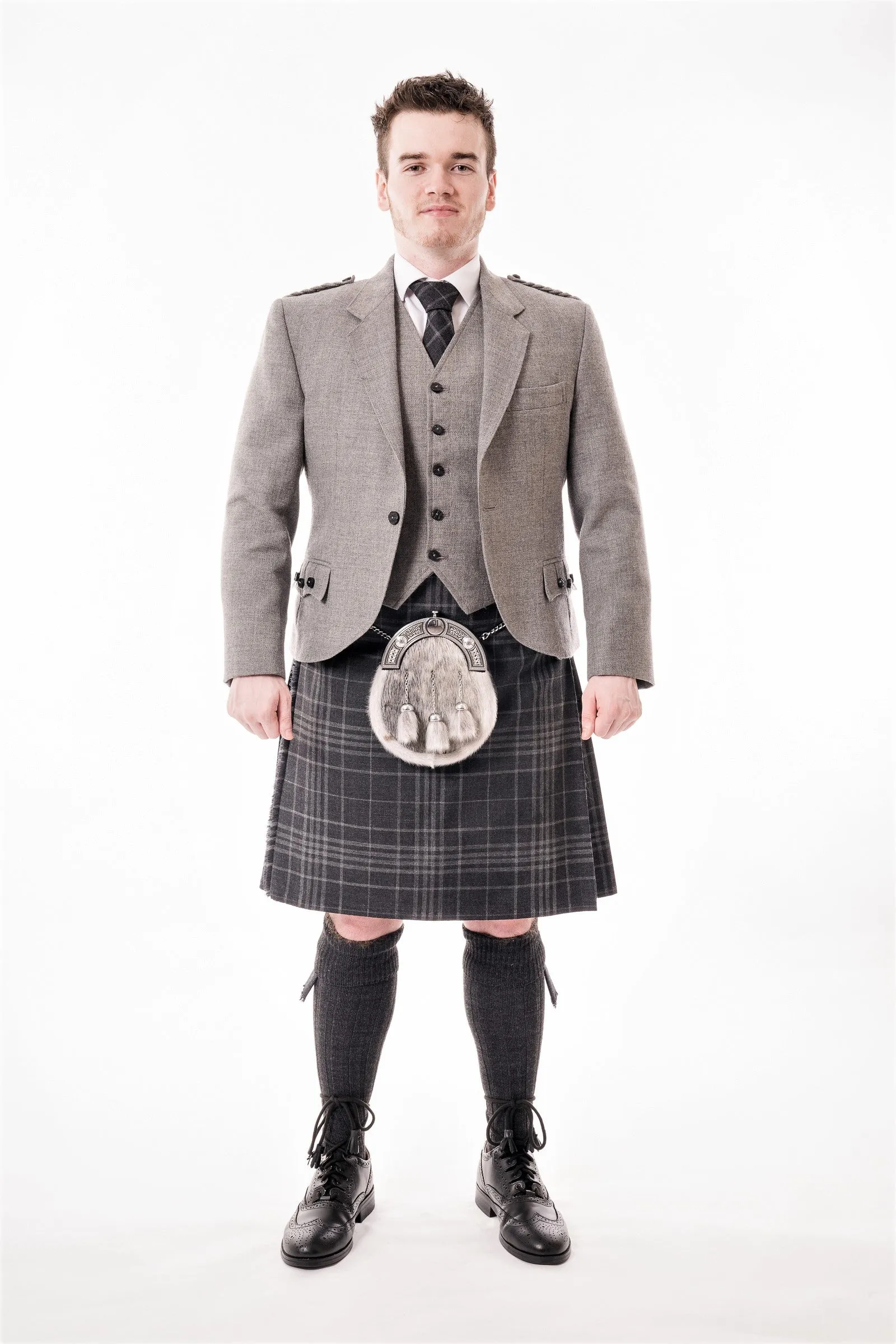 Light grey crail kilt hire outfit