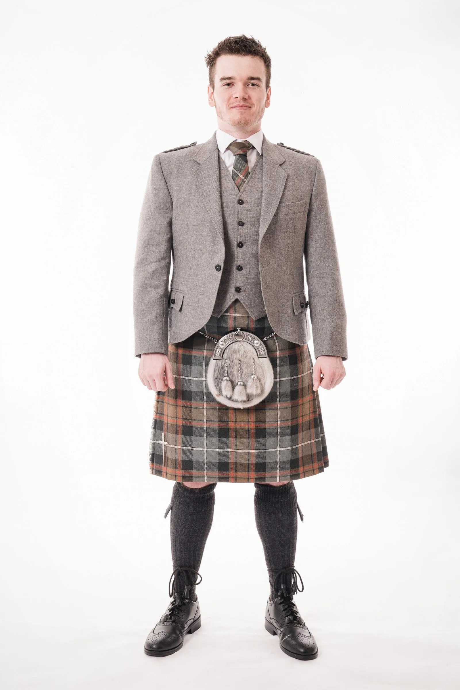 Light grey crail kilt hire outfit