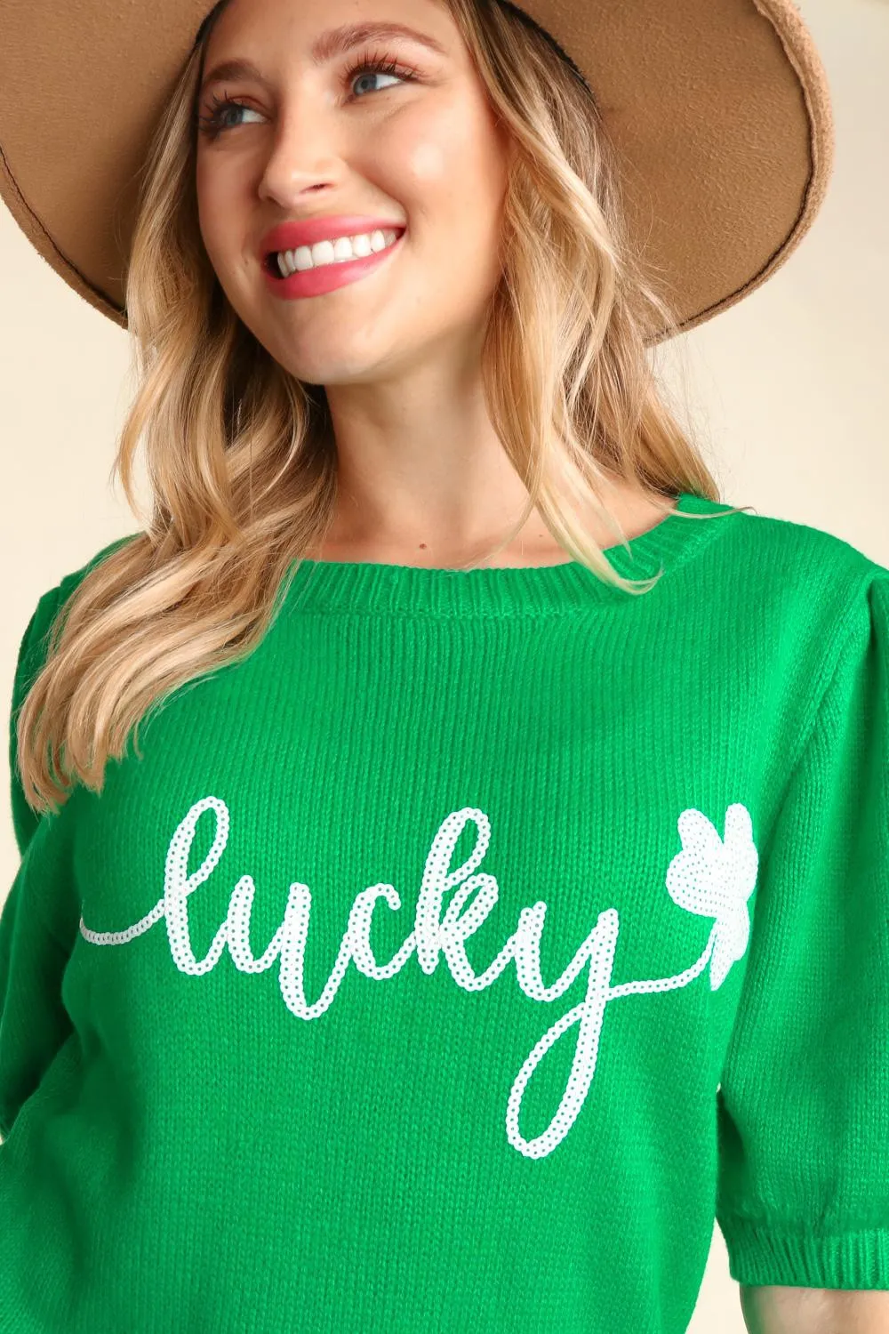 Lucky Shamrock Puff Sleeve Sweater