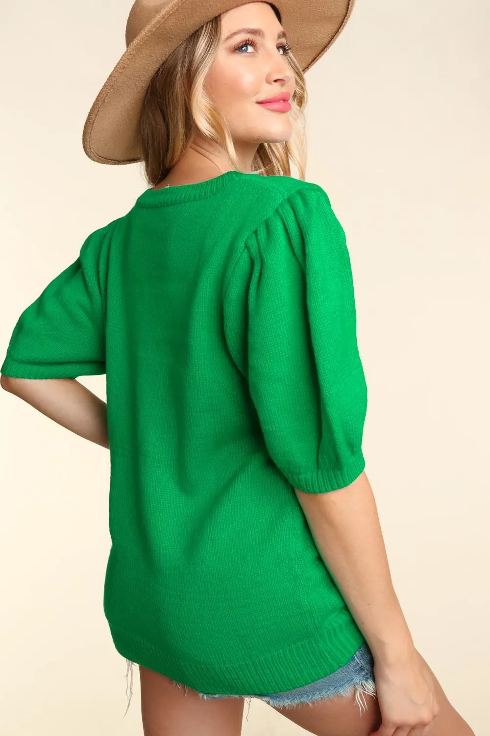 Lucky Shamrock Puff Sleeve Sweater