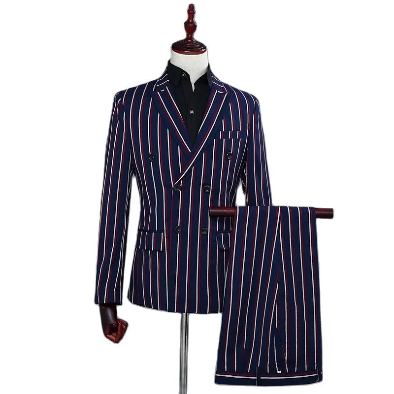 Men's Business Double Breasted Striped Long Sleeve Two-Piece Suit