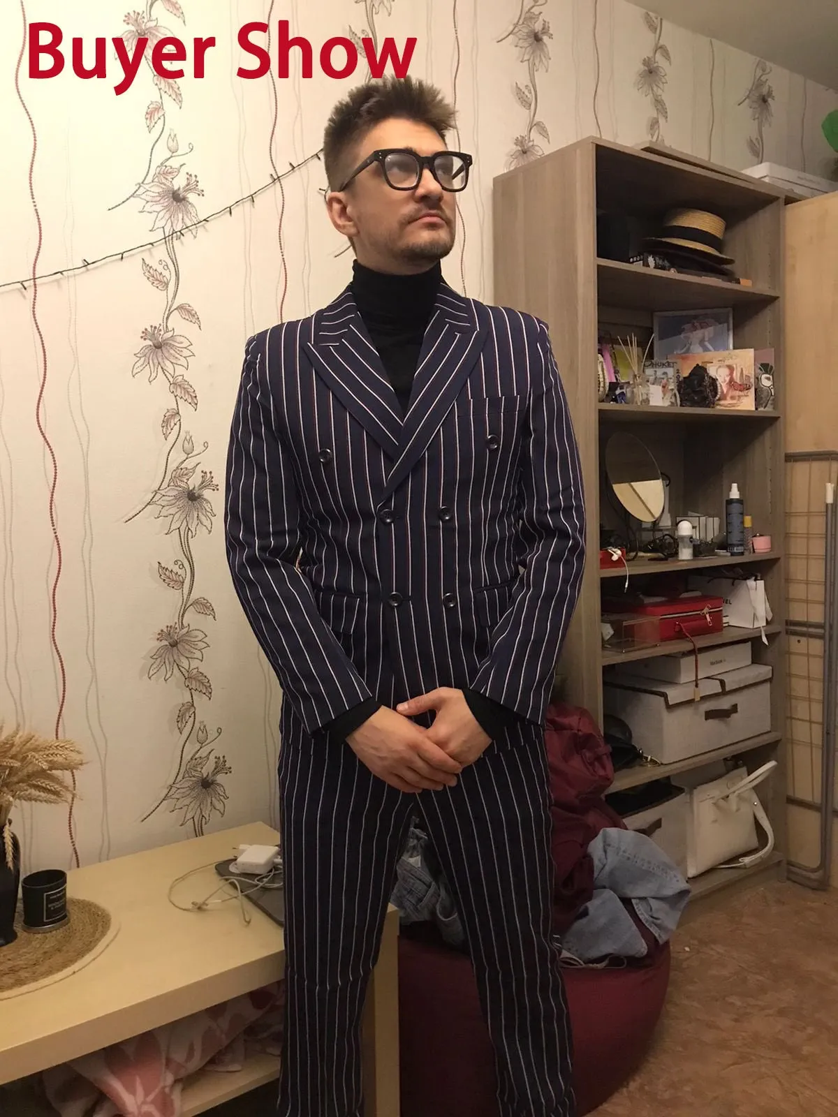 Men's Business Double Breasted Striped Long Sleeve Two-Piece Suit