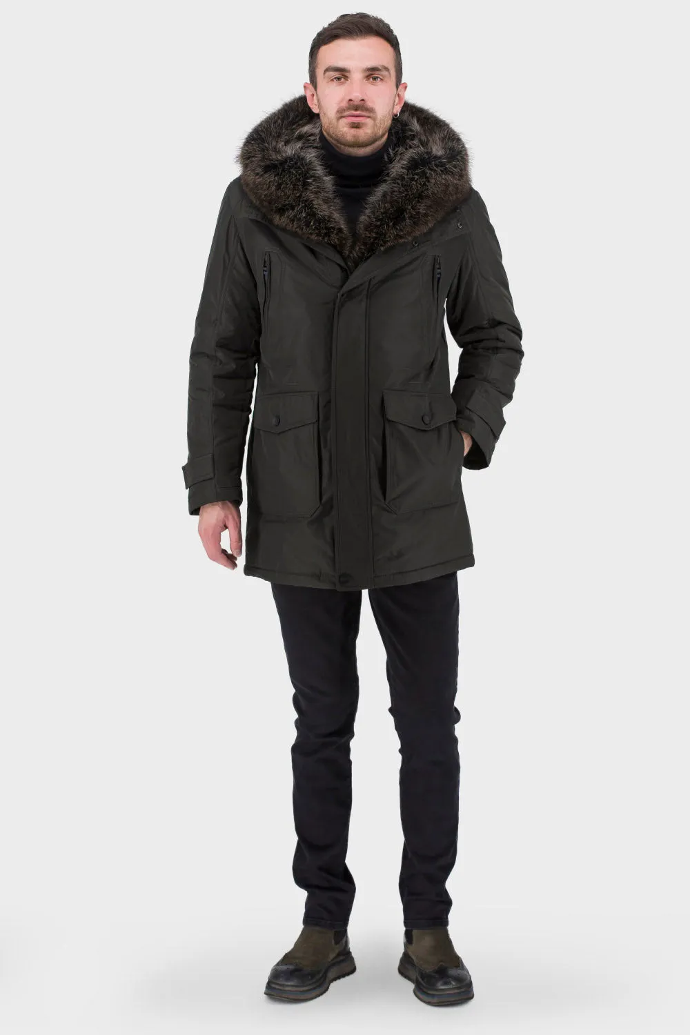 Men's Genuine Fur Trim Camel Hair Fill Parka