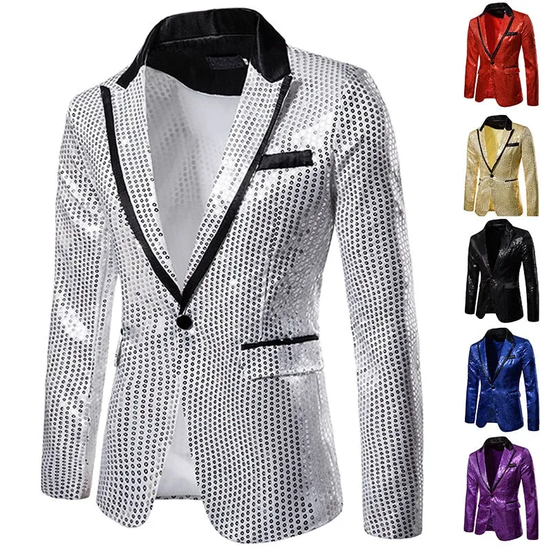 Men's Hip Hop Shiny Sequin Full Sleeves Single Button Party Blazer