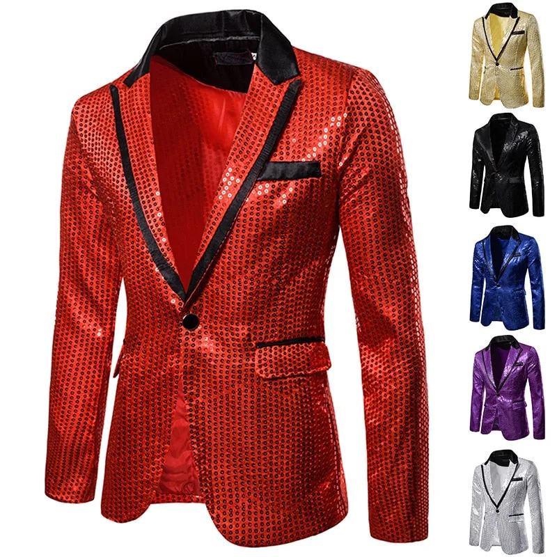 Men's Hip Hop Shiny Sequin Full Sleeves Single Button Party Blazer