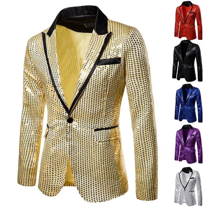 Men's Hip Hop Shiny Sequin Full Sleeves Single Button Party Blazer