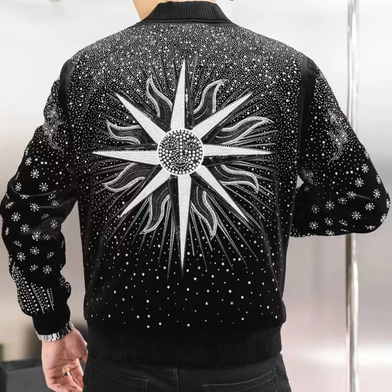 Men's Luxury Vintage Punk Style Rhinestones Rib Sleeve Bomber Jacket