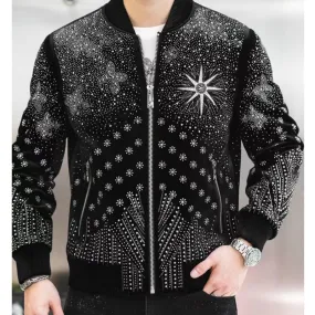 Men's Luxury Vintage Punk Style Rhinestones Rib Sleeve Bomber Jacket