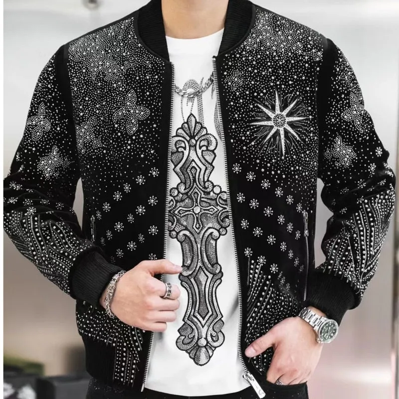 Men's Luxury Vintage Punk Style Rhinestones Rib Sleeve Bomber Jacket