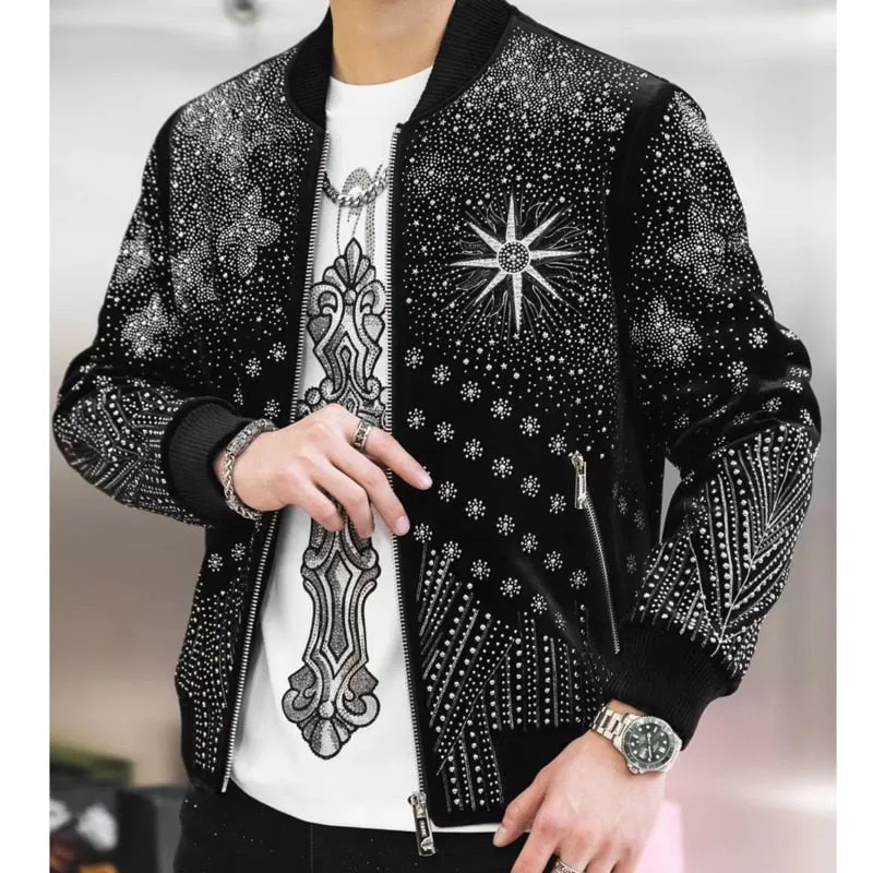 Men's Luxury Vintage Punk Style Rhinestones Rib Sleeve Bomber Jacket