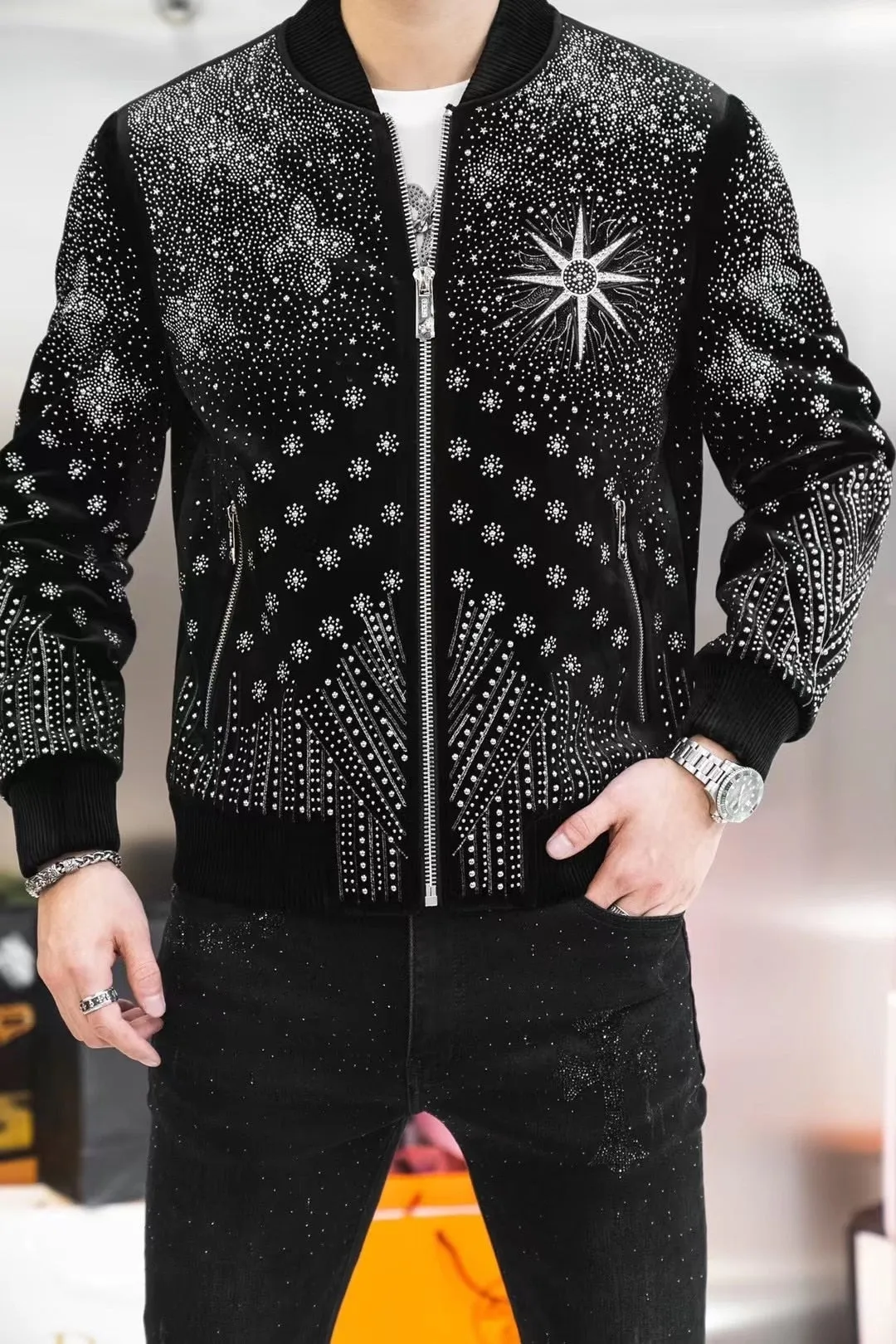 Men's Luxury Vintage Punk Style Rhinestones Rib Sleeve Bomber Jacket