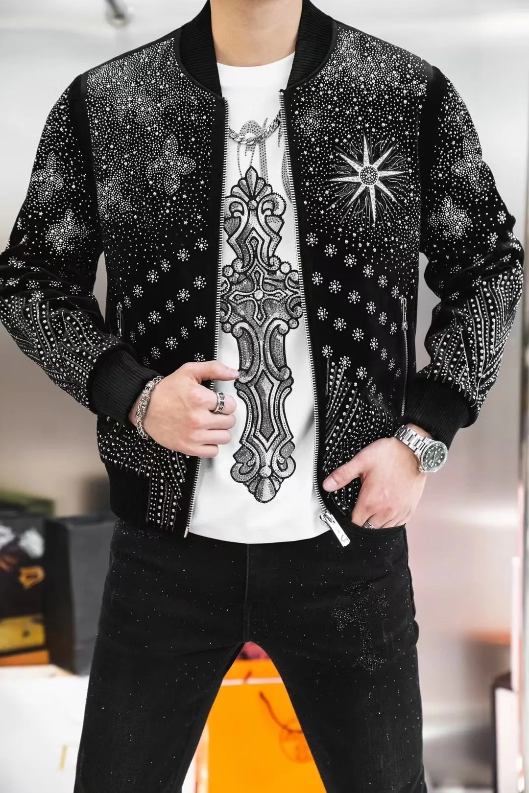 Men's Luxury Vintage Punk Style Rhinestones Rib Sleeve Bomber Jacket