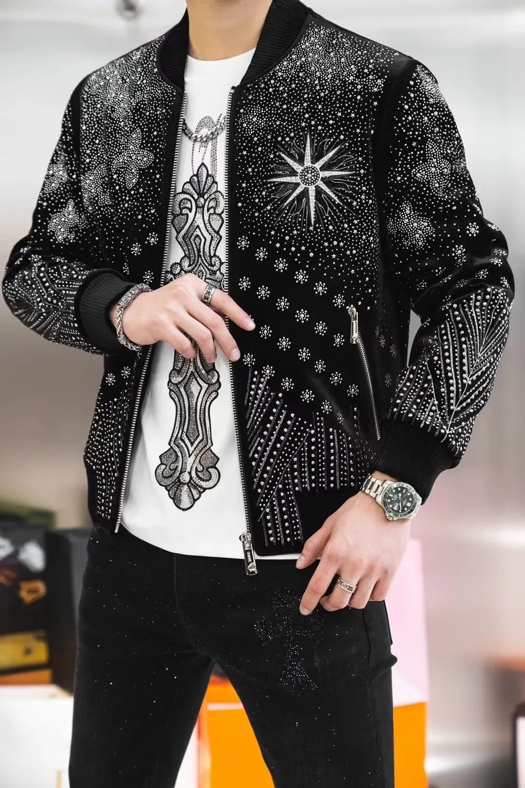 Men's Luxury Vintage Punk Style Rhinestones Rib Sleeve Bomber Jacket