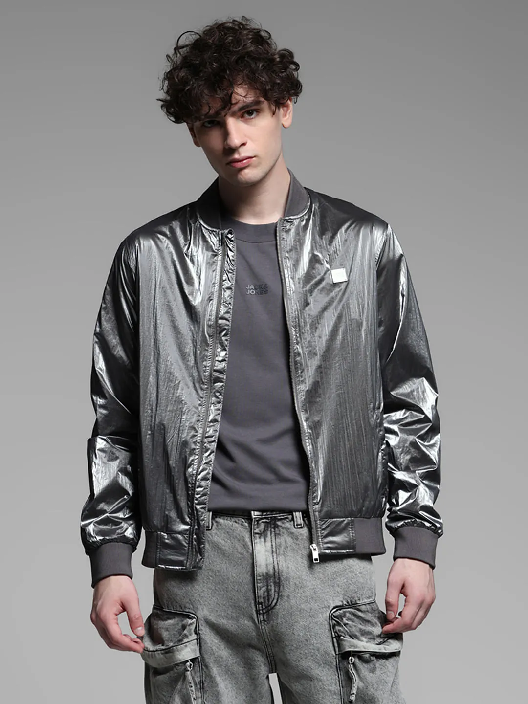 Metallic Grey Bomber Jacket