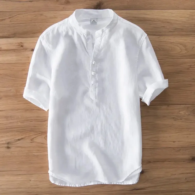 New Pure linen brand shirt men summer white shirts for men short sleeve stand collar shirt mens casual fashion shirts male tops 