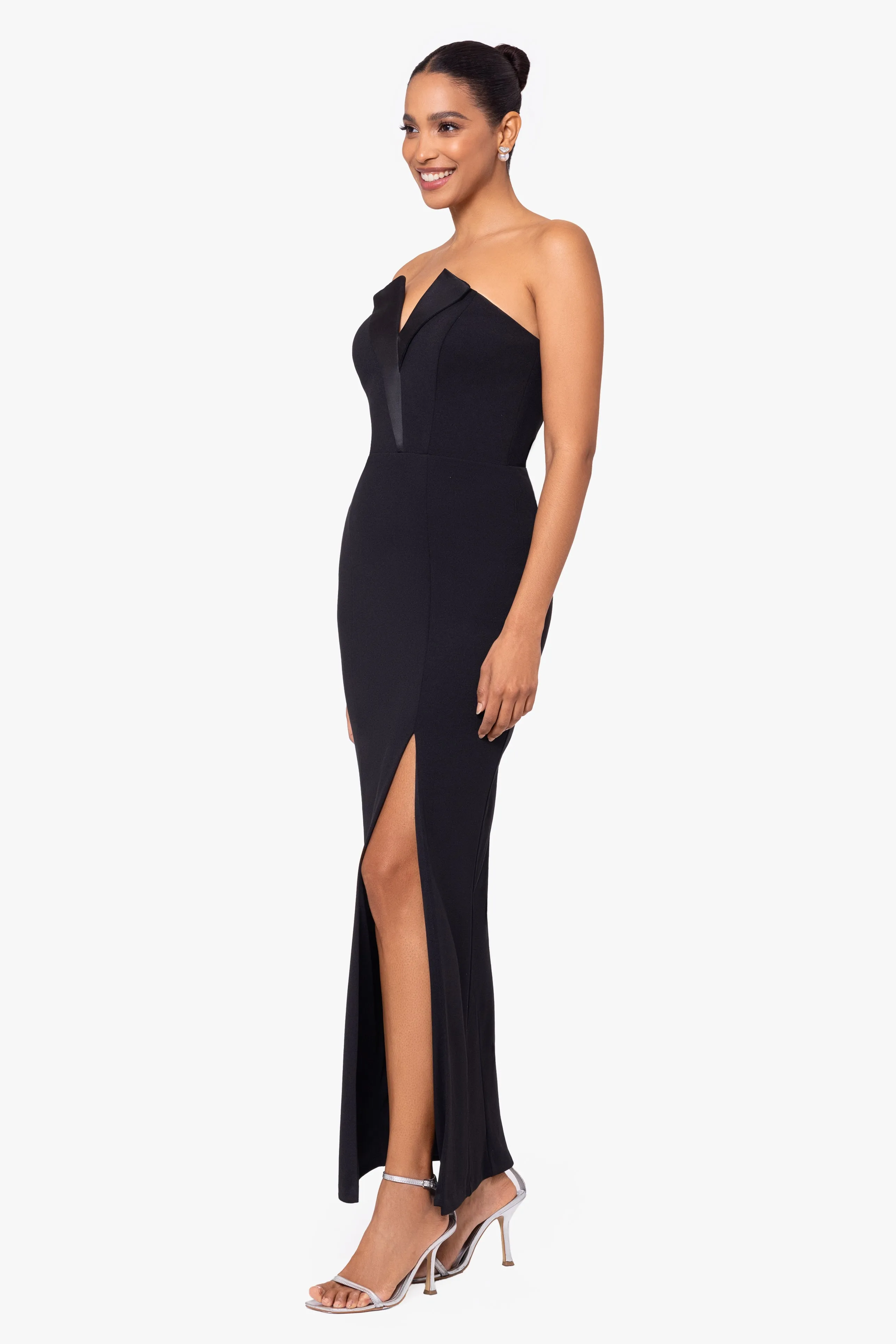 Petite Violette Long Strapless V Neck Tuxedo Dress