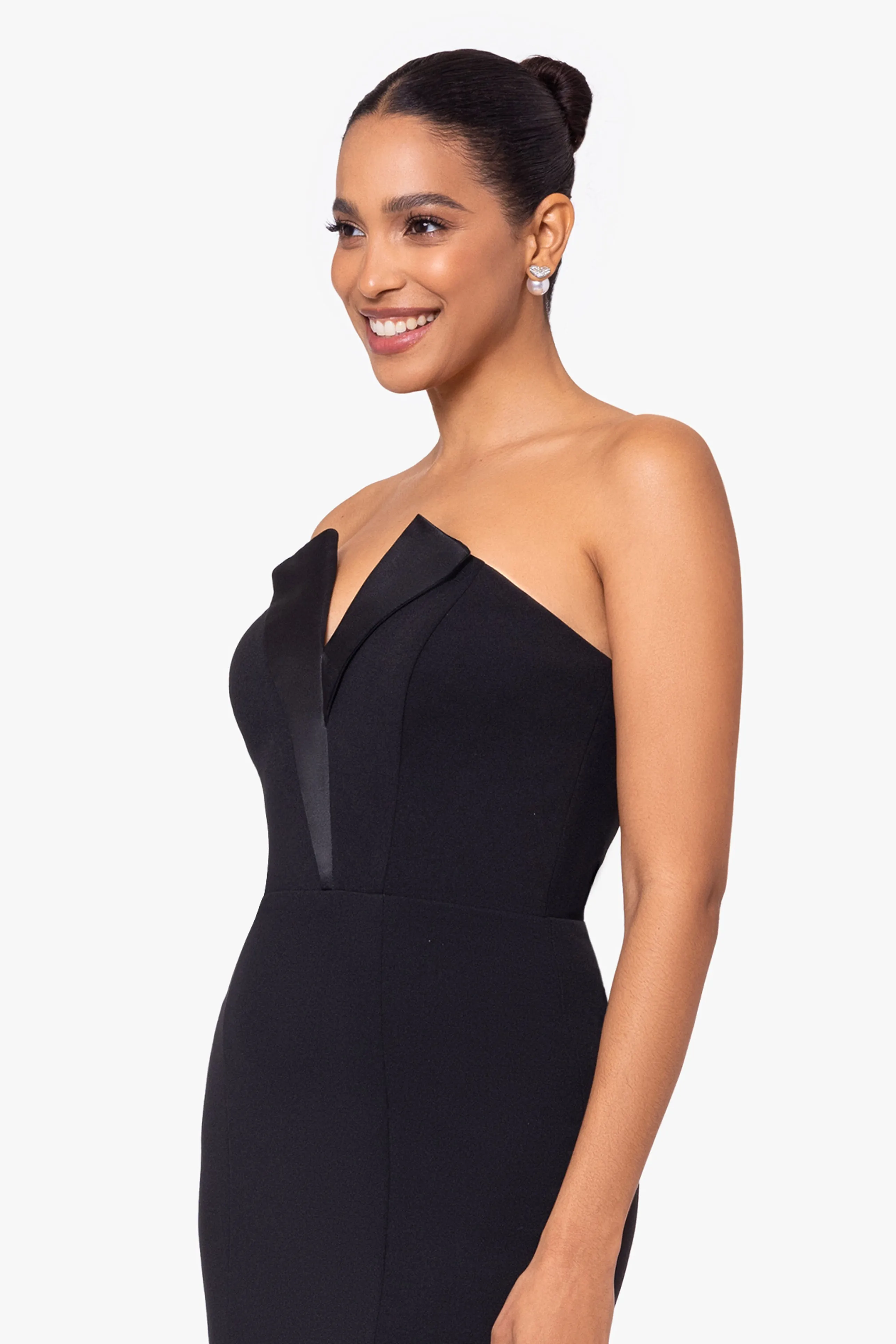 Petite Violette Long Strapless V Neck Tuxedo Dress