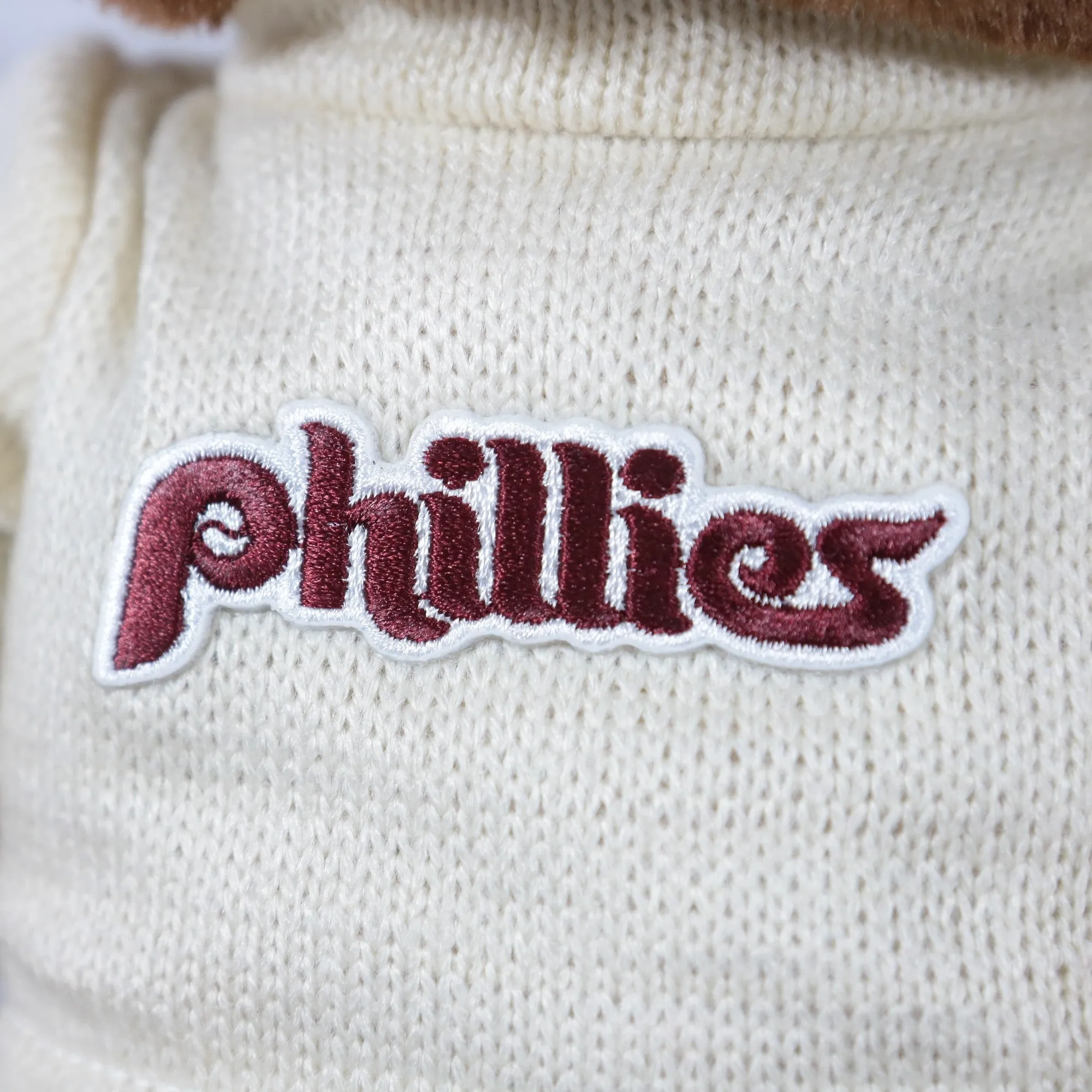 Philadelphia Phillies Fuzzy Wuzzy Phillies Cooperstown wordmark Cream Sweater | Dark Brown Teddy Bear