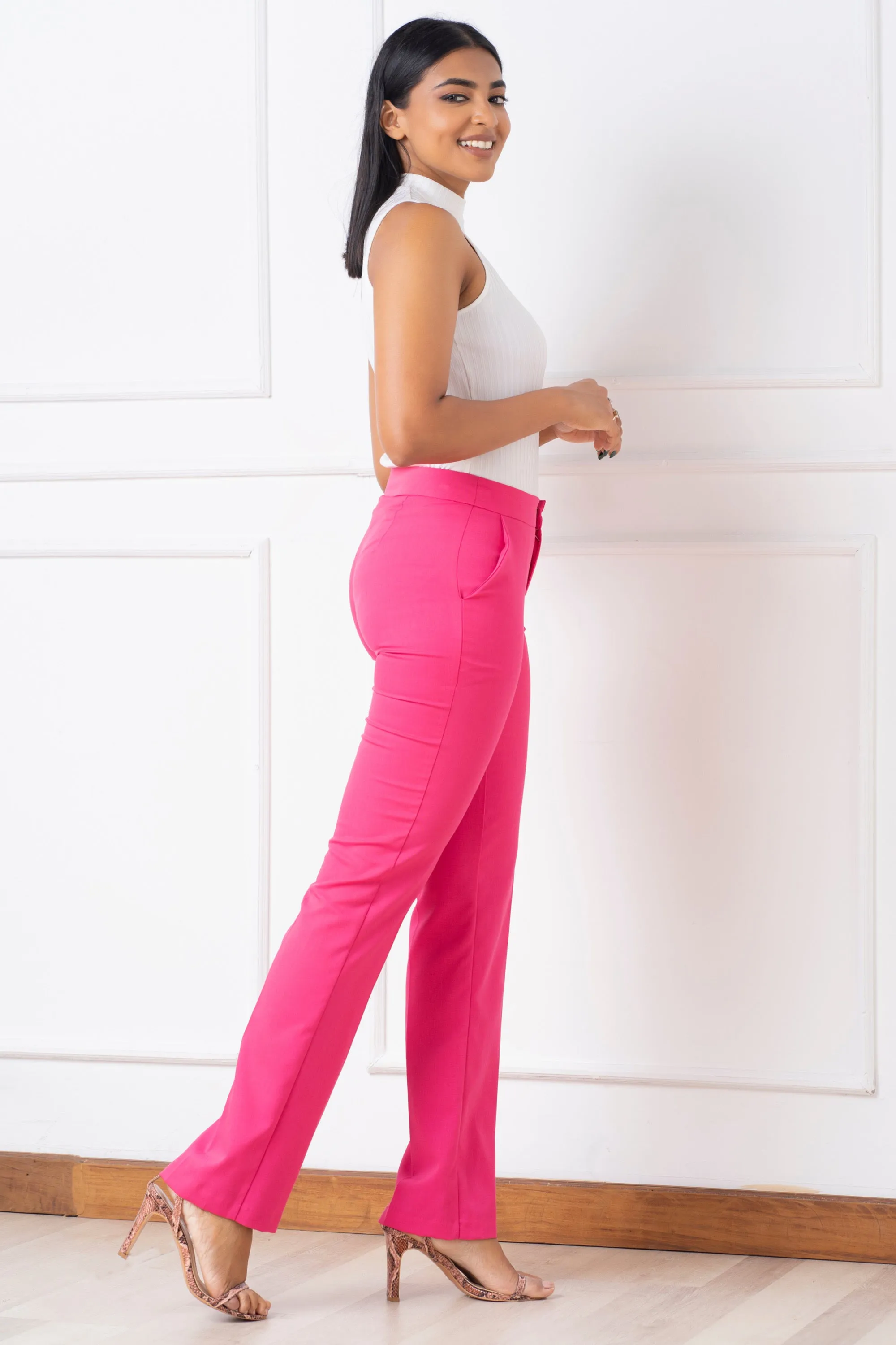 Pink Regular Waist Boot Cut Pant- Slim Fit