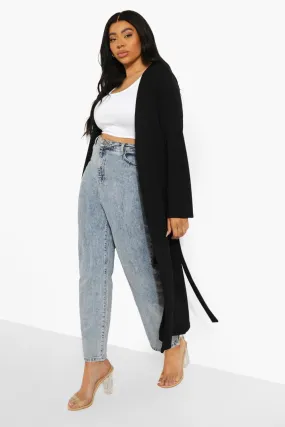 Plus Ribbed Tie Waist Duster Coat