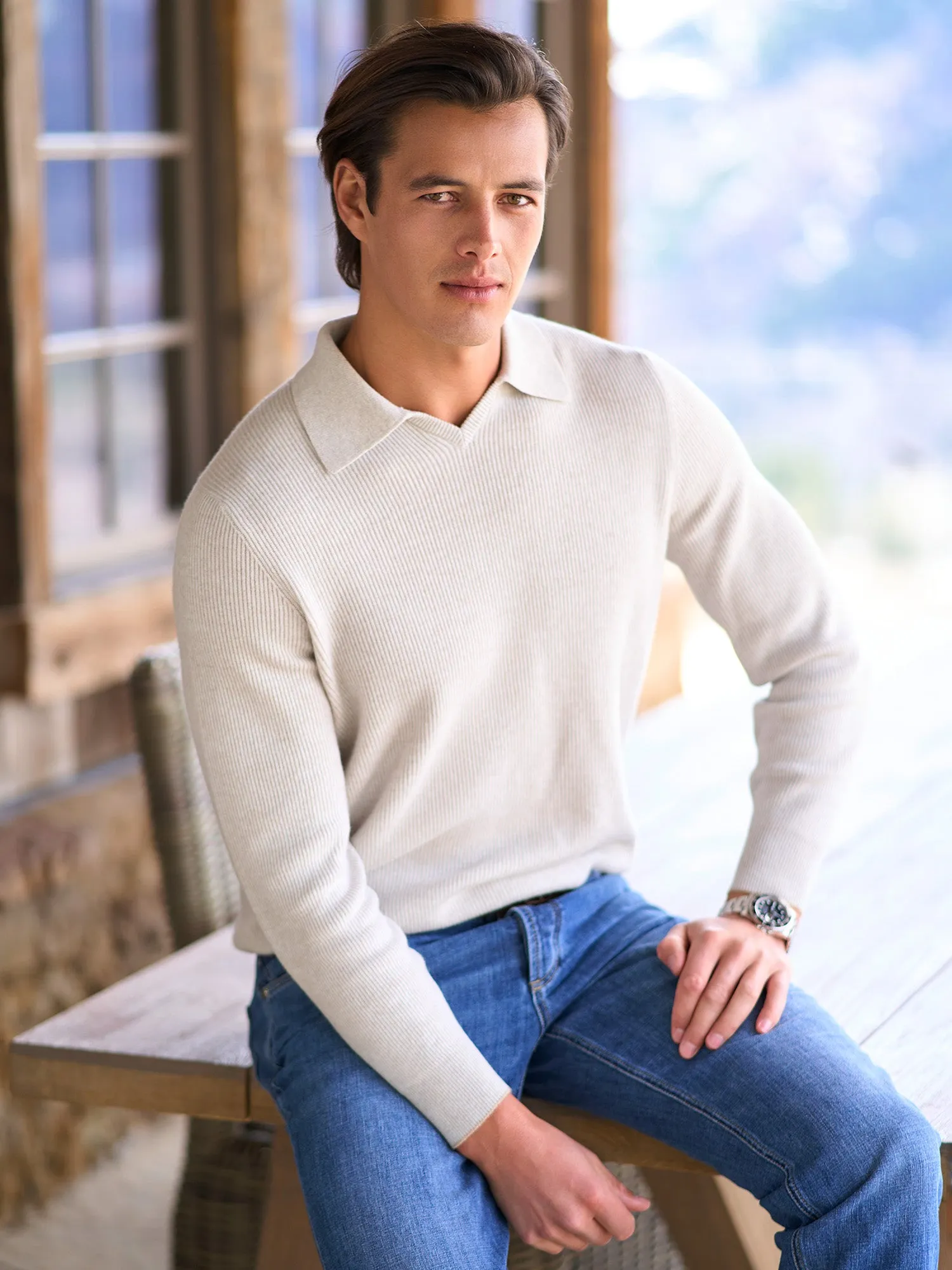 Rib-Knit Polo Sweater