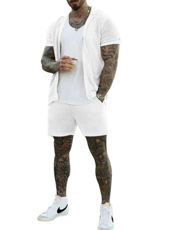 See-Through Short-Sleeved Men Cardigan Outfit Set