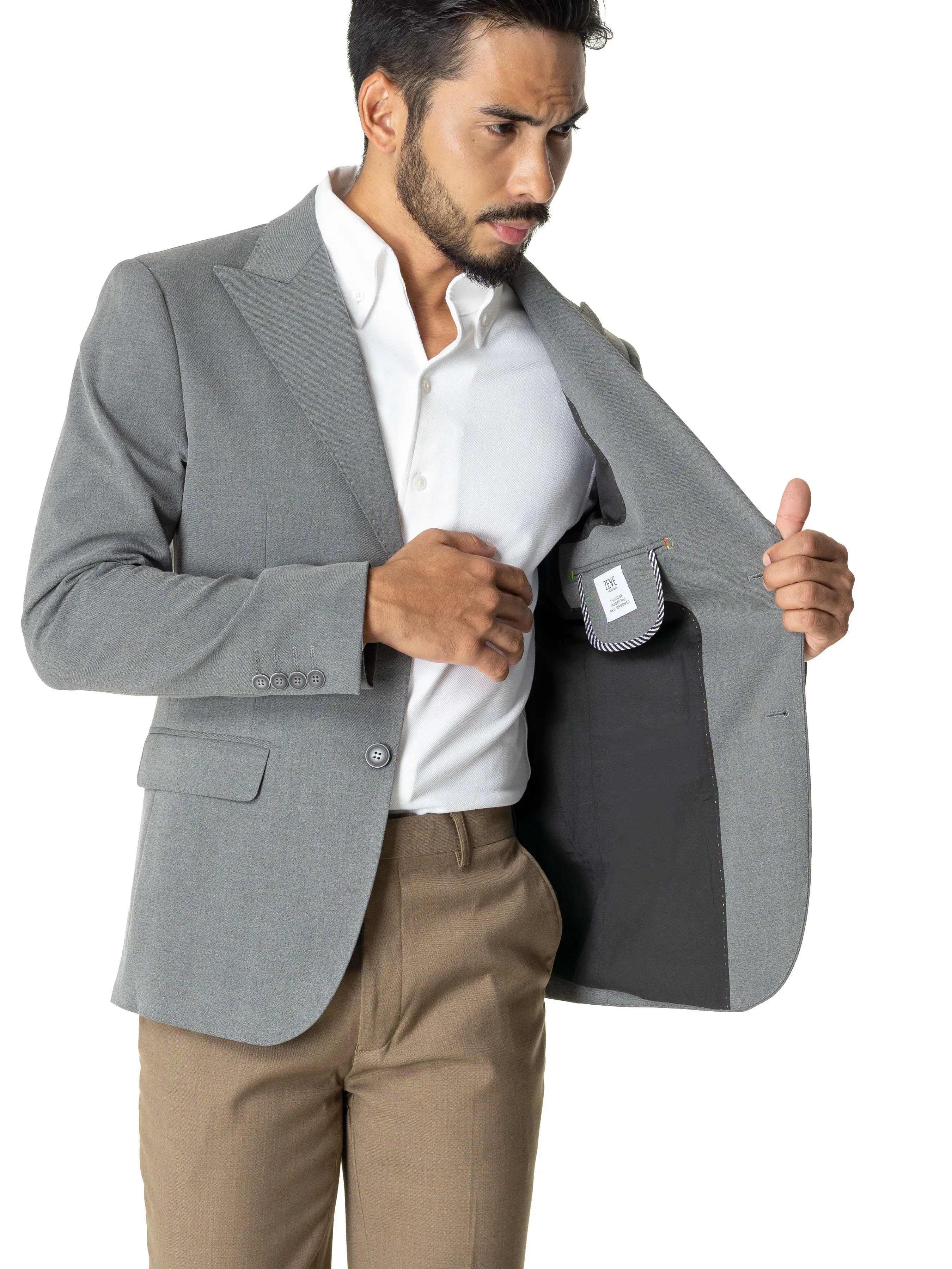 Single Breasted Suit Blazer - Grey Plain (Peak Lapel)