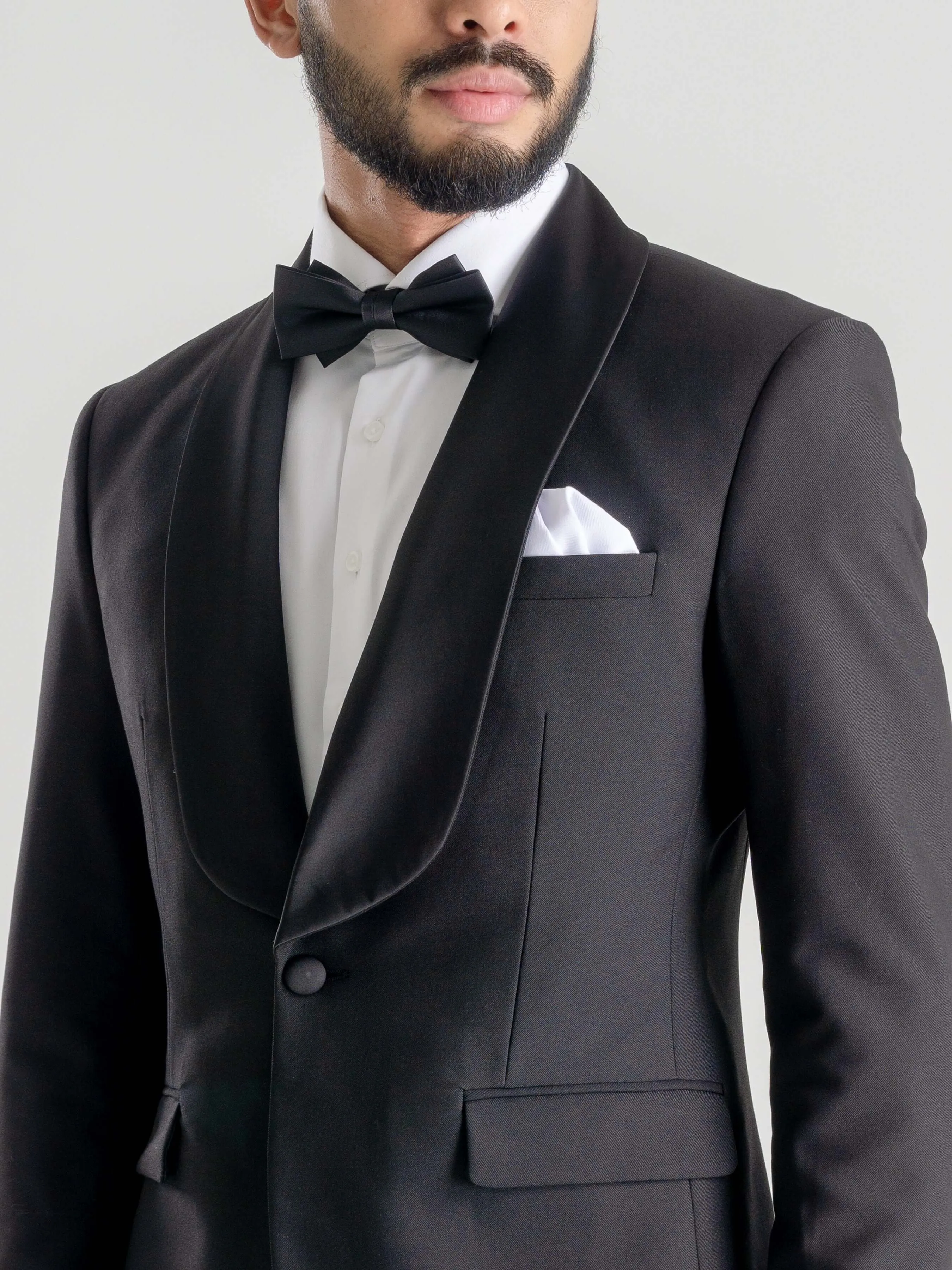 Single Breasted Tuxedo Blazer - Black Plain (Shawl Lapel)