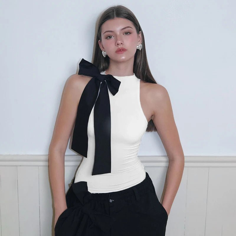 Sleeveless Bow Body Tops for Women | 2024 Summer Slim O Neck Bodysuit