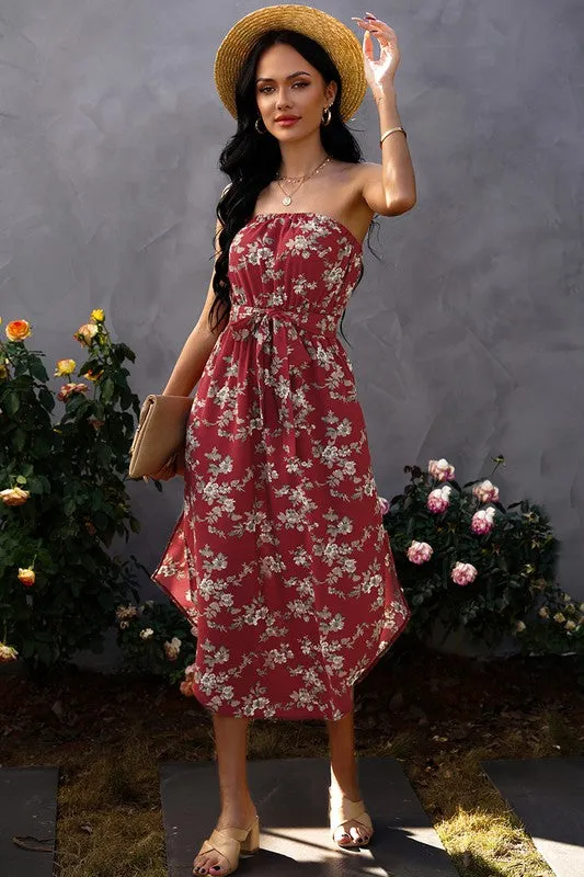 Sleeveless Off Shoulder Floral Print Belt Dress