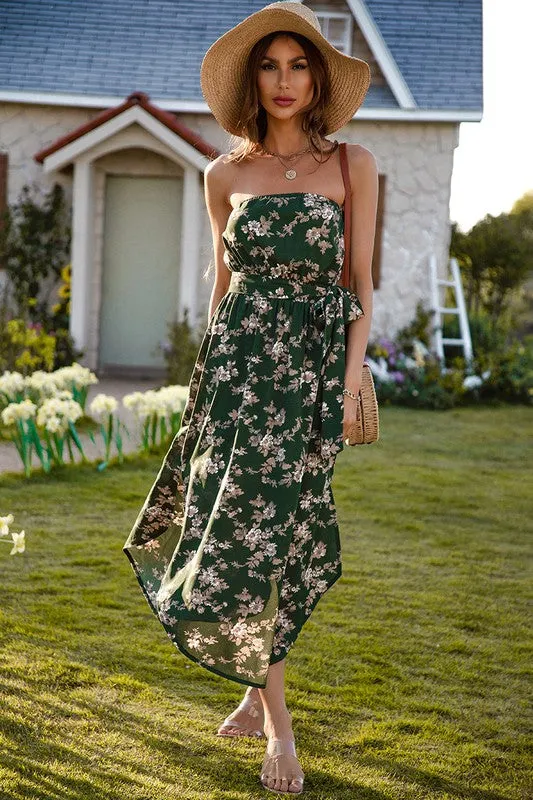 Sleeveless Off Shoulder Floral Print Belt Dress