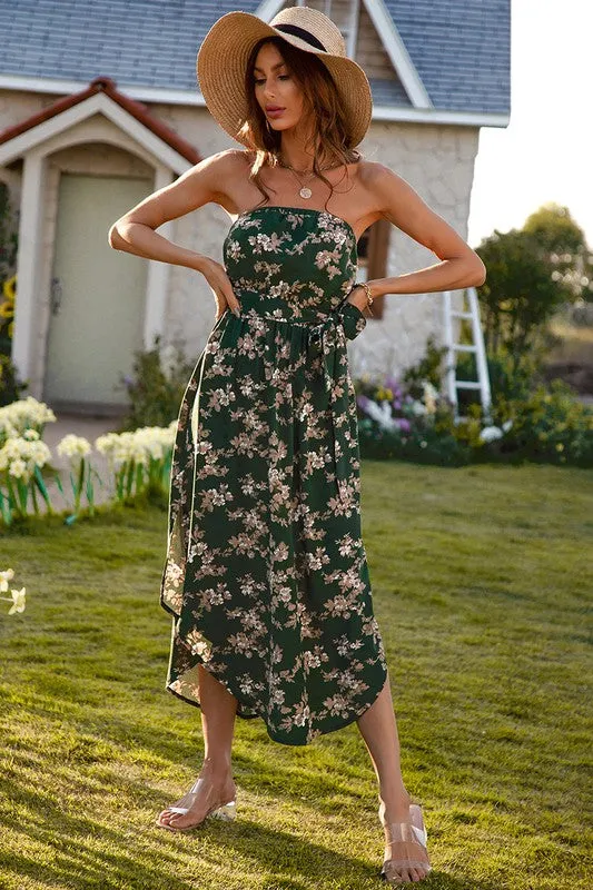 Sleeveless Off Shoulder Floral Print Belt Dress