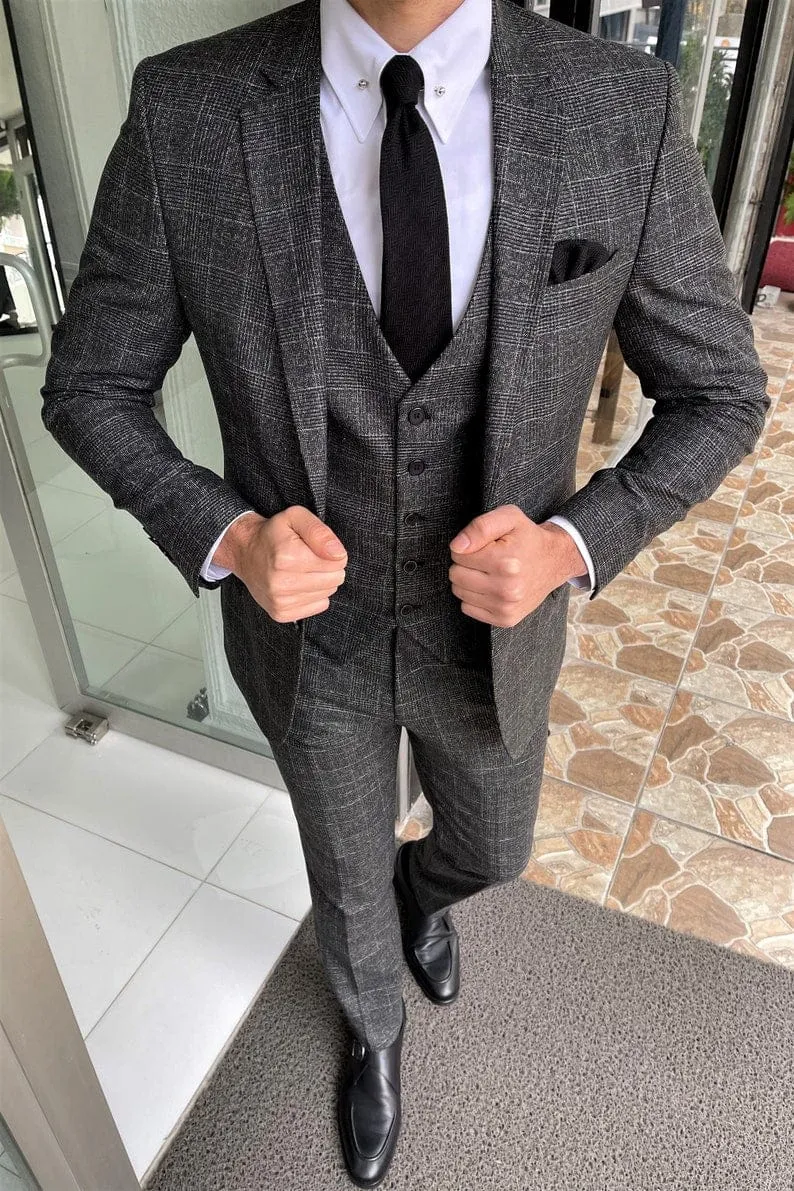 Slim Fit Black Plaid Wool Classic Suit