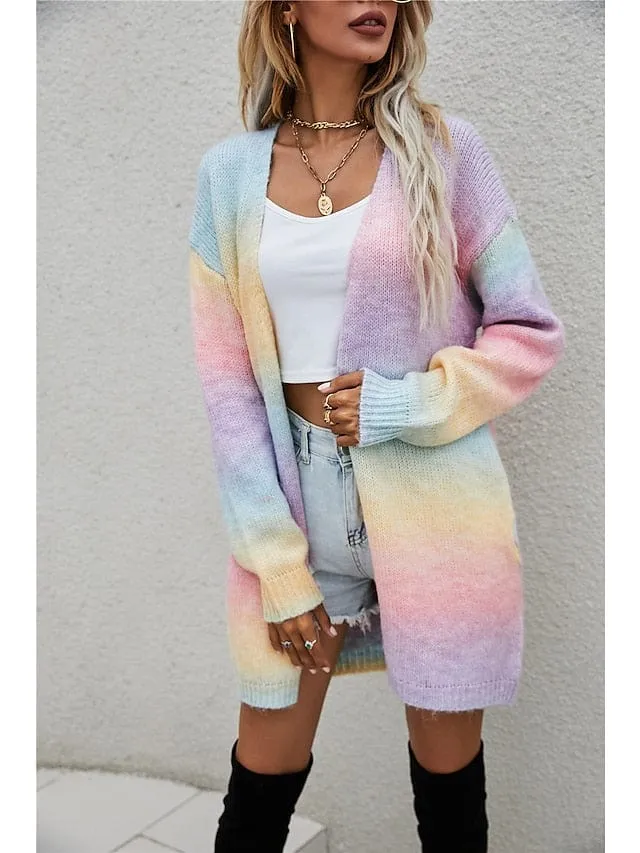 Stylish Women's Rainbow Color Block Cardigan Sweater