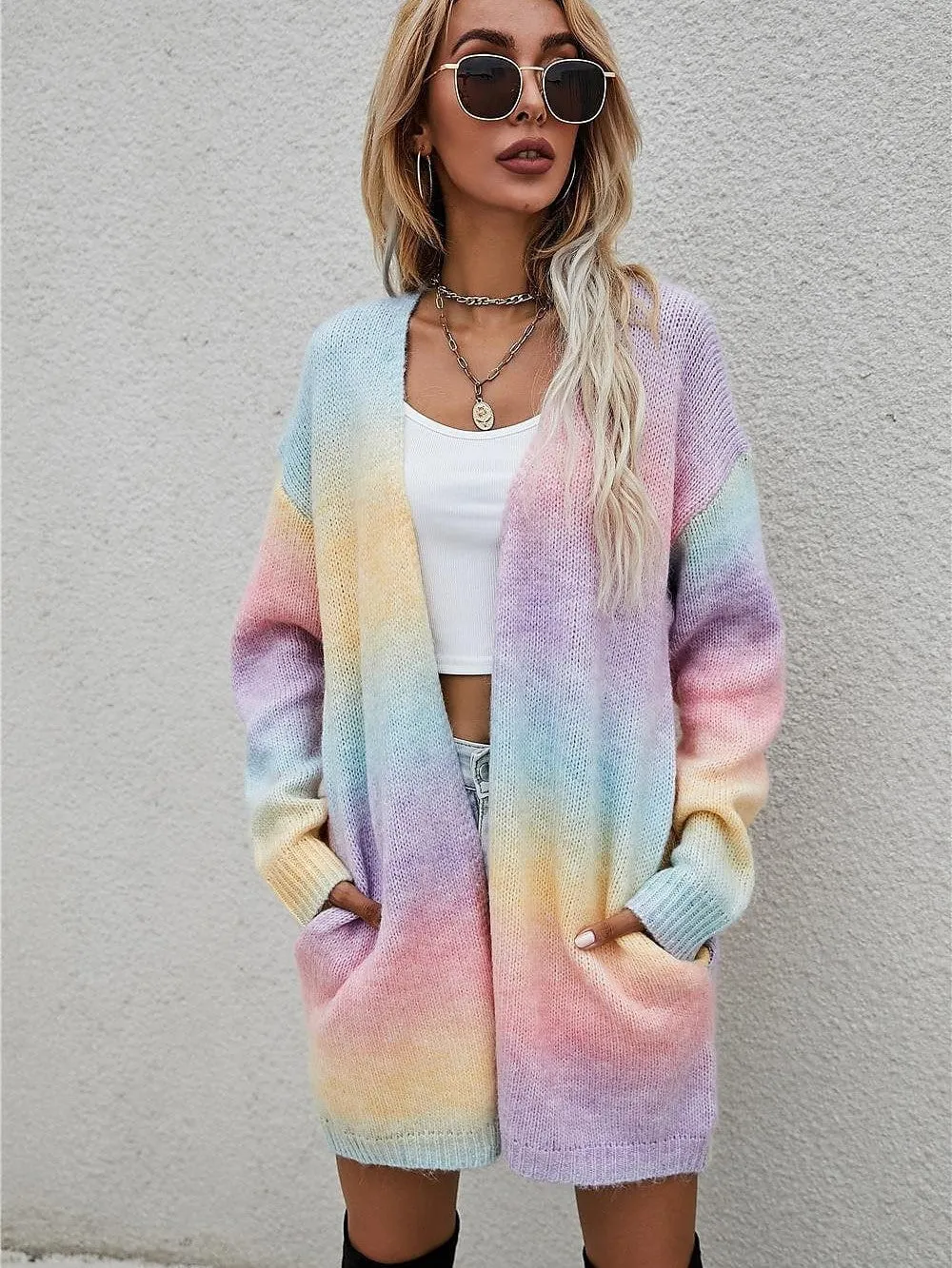 Stylish Women's Rainbow Color Block Cardigan Sweater