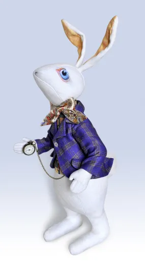 The White Rabbit I'm late! art doll, with traditional printed tweed jacket